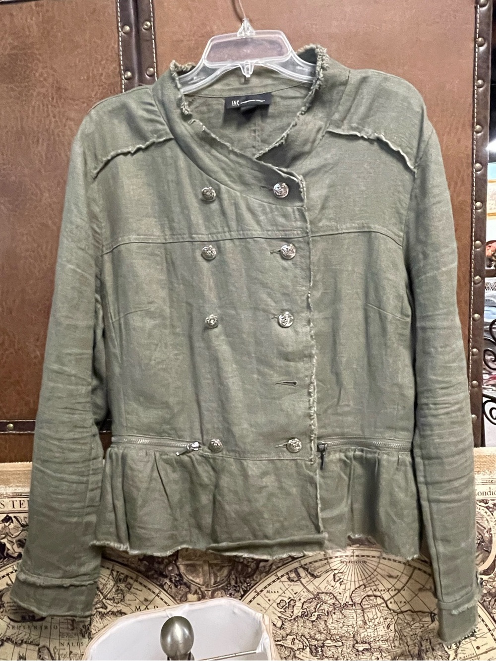 INC International Concepts Olive Green Double-Breasted Peplum Blazer size XL